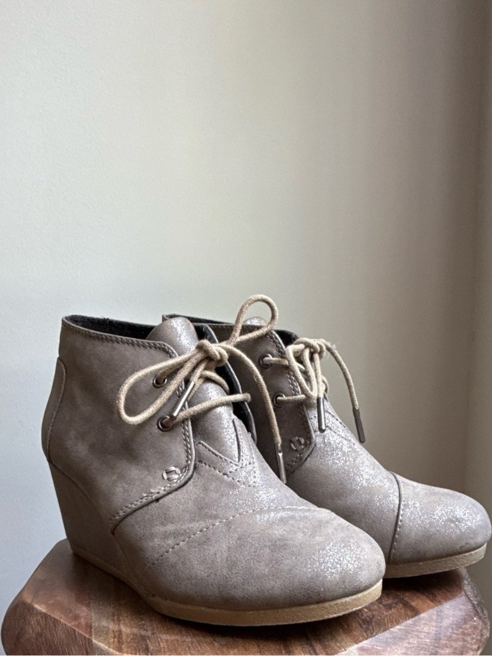Toms Metallic Taupe Lace-Up Wedge Booties